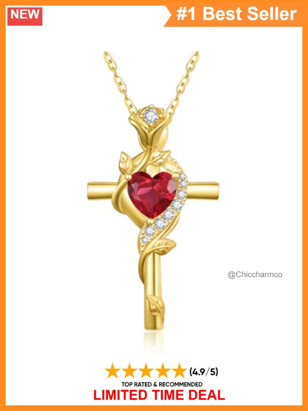 14K Gold Cross Necklace Created Ruby July Birthstone Adjustable Chain